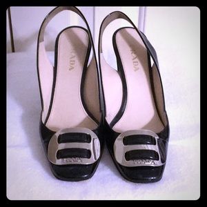 Prada black patent leather sling back pumps sz 7